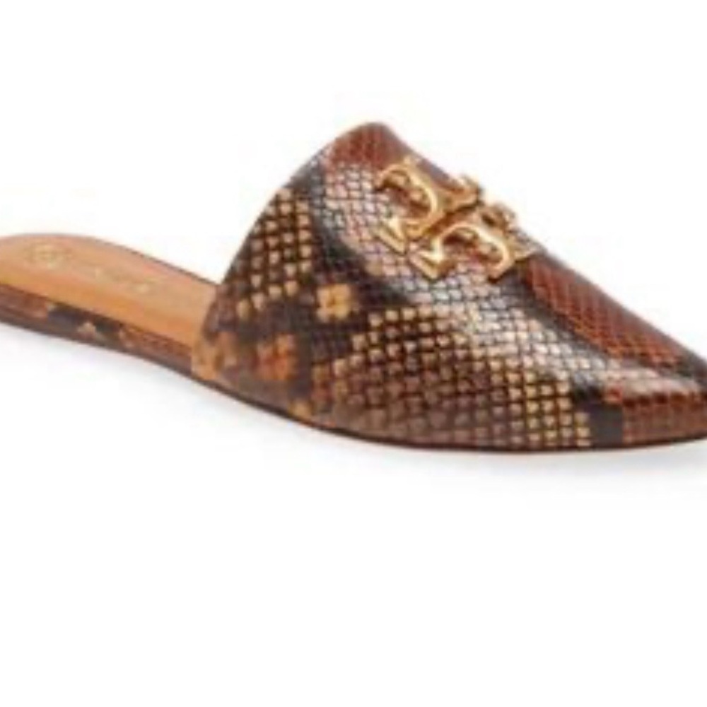 Tory Burch Brown Snakeskin-Print Slip-On Mule with Gold Logo ,